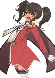 Rule 34 | 1girl, anise tatlin, ao-tombo, black hair, brown eyes, gloves, long hair, looking at viewer, open mouth, simple background, smile, solo, tales of (series), tales of the abyss, thighhighs, twintails, white background