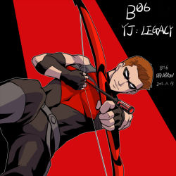 Rule 34 | 10s, 1boy, 2013, arrow (projectile), bow (weapon), character name, dc comics, domino mask, male focus, mask, orange hair, red arrow, riyan, roy harper, solo, weapon, young justice: invasion