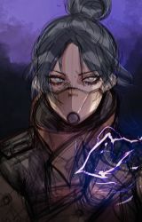 Rule 34 | 1girl, airship assassin wraith, apex legends, black hair, brown gloves, brown jacket, clenched hand, electricity, gloves, grey eyes, hair bun, jacket, looking at viewer, mask, mouth mask, official alternate costume, parted bangs, purple background, single hair bun, sketch, solo, tama (ponz3o1), unfinished, wraith (apex legends)