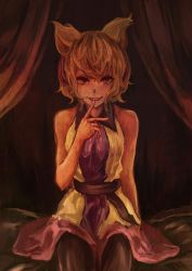 Rule 34 | 1girl, bad id, bad pixiv id, bed, bed sheet, black pantyhose, brown hair, curtains, finger to mouth, highres, lips, looking at viewer, mitsubaseri, on bed, pantyhose, short hair, sitting, sleeveless, smile, solo, teeth, touhou, toyosatomimi no miko, yellow eyes