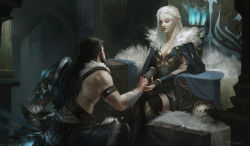 Rule 34 | 1boy, 1girl, arm strap, armor, arrow (projectile), ashe (league of legends), bandages, bandaged arm, bandages, black hair, blue cape, breasts, brown gloves, cape, cleavage, closed mouth, creature, closed eyes, facial hair, fingerless gloves, fur, fur-trimmed cape, fur trim, gem, gloves, glowing, glowing sword, glowing weapon, hand grab, highres, indoors, league of legends, long hair, looking at another, marie magny, on one knee, pauldrons, poro (league of legends), quiver, scar, signature, single pauldron, sitting, sword, throne, tryndamere, weapon, white hair