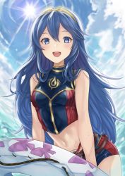 Rule 34 | 1girl, :d, bare arms, bare shoulders, belt, blue eyes, blue hair, blue sky, blush, bra, breasts, commentary request, day, fire emblem, fire emblem awakening, fire emblem cipher, hair between eyes, hair ornament, innertube, long hair, looking at viewer, lucina (fire emblem), navel, nintendo, open mouth, outdoors, shimizu akina, shorts, simple background, sky, small breasts, smile, solo, sun, sweat, swim ring, swimsuit, symbol in eye, tareme, teeth, tiara, underwear, upper teeth only, very long hair