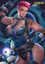 Rule 34 | 1girl, adapted costume, bare shoulders, biceps, breasts, citemer, cleavage, flexing, green eyes, image sample, large breasts, looking at viewer, muscular, nail polish, overwatch, overwatch 1, parted lips, pink hair, scar, short hair, smile, solo, tattoo, undercut, zarya (overwatch)