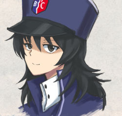 Rule 34 | 1girl, alternate hair length, alternate hairstyle, andou (girls und panzer), bc freedom (emblem), bc freedom military uniform, black hair, blue hat, blue jacket, blue vest, brown eyes, emblem, girls und panzer, hat, high collar, jacket, long hair, looking at viewer, messy hair, mutsu (layergreen), shako cap, simple background, smile, solo, vest, white background