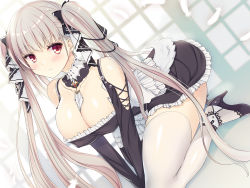 Rule 34 | all fours, azur lane, between breasts, breasts, cleavage, dress, dutch angle, earrings, feathers, formidable (azur lane), frilled dress, frills, grey hair, high heels, highres, jewelry, large breasts, long hair, ochinsama, red eyes, solo, thighhighs, twintails, two-tone dress, two-tone ribbon, very long hair, white thighhighs, window, zettai ryouiki