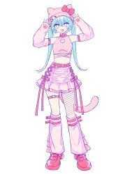 Rule 34 | absurdres, animal ear headwear, animal ears, beanie, blue eyes, blue hair, bow, cleavage cutout, clothing cutout, collar, cropped shirt, crossed bangs, detached sleeves, diamond-shaped pupils, diamond (shape), fake animal ears, fishnet pantyhose, fishnets, full body, hair between eyes, hands up, hat, hat bow, hatsune miku, heart cutout, heart o-ring, hello kitty, hello kitty (character), high-waist skirt, highres, kneehighs, long hair, long sleeves, looking at viewer, loose socks, midriff, miniskirt, navel, o-ring, o-ring thigh strap, pantyhose, paw print, petticoat, pink collar, pink hat, pink shirt, pink skirt, pink sleeves, pink socks, pleated skirt, pnyo emc, red bow, red footwear, sanrio, shirt, shoes, sidelocks, simple background, single leg pantyhose, skirt, sleeveless, sleeveless shirt, sleeves past wrists, socks, stomach, symbol-shaped pupils, thigh strap, thumb hole sleeves, twintails, v-shaped eyebrows, vocaloid, white background