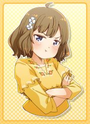 Rule 34 | 1girl, :t, ahoge, blue eyes, blush, brown hair, closed mouth, commentary request, cropped torso, crossed arms, dress, flower, hair flower, hair ornament, highres, idolmaster, idolmaster million live!, layered sleeves, long sleeves, looking at viewer, polka dot, polka dot background, pout, short hair, short over long sleeves, short sleeves, solo, suou momoko, upper body, v-shaped eyebrows, white flower, yellow background, yellow dress, yukie (kusaka shi)