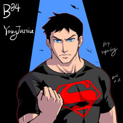 Rule 34 | 10s, 1boy, 2013, blue eyes, character name, clenched hand, dc comics, male focus, riyan, s shield, shirt, solo, superboy, t-shirt, young justice: invasion