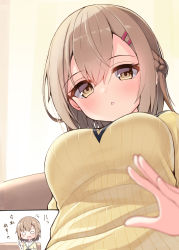 Rule 34 | 1boy, 1girl, :o, ^^^, blush, braid, breasts, brown eyes, brown hair, brown sweater, chibi, childhood friend (ominaeshi), comic, commentary request, hair between eyes, hair ornament, hairclip, highres, lap pillow, lap pov, medium breasts, ominaeshi (takenoko), original, parted lips, ribbed sweater, sleeping, sweater, translated, zzz