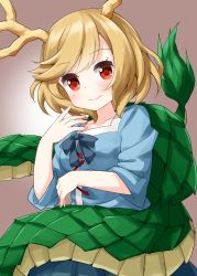 Rule 34 | 1girl, antlers, arm under breasts, blonde hair, blue bow, blue shirt, bow, closed mouth, cowboy shot, dragon horns, dragon tail, dress, green skirt, green tail, grey background, highres, horns, kicchou yachie, long sleeves, looking at viewer, pleated skirt, red eyes, ruu (tksymkw), shirt, short hair, simple background, skirt, smile, solo, standing, tail, touhou, turtle shell