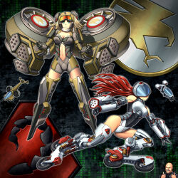 Rule 34 | 1boy, 2girls, aqua eyes, arm mounted weapon, bare shoulders, blonde hair, breasts, clenched hands, command &amp; conquer, commentary, covered eyes, creature and personification, cyborg, double thumbs up, english commentary, facing viewer, goggles, goggles on head, highres, inline skates, long hair, looking at viewer, mecha musume, mechanical arms, mechanical legs, medium breasts, missile pod, multiple girls, personification, red hair, roller skates, skates, substance20, thumbs up