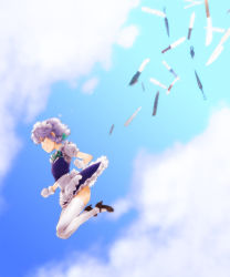 Rule 34 | 1girl, bad id, bad pixiv id, bow, braid, cloud, day, female focus, from side, full body, gloves, hair bow, highres, izayoi sakuya, jumping, knife, kunai, maid, maid headdress, nagian, outdoors, short hair, silver hair, sky, solo, thighhighs, throwing knife, touhou, twin braids, weapon, white gloves, white thighhighs