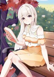 Rule 34 | 1girl, absurdres, bench, book, cherry blossoms, clanel de wargham, dress, flower, frills, highres, holding, holding book, light smile, long hair, looking at viewer, maple tree, non-web source, on bench, orange dress, orange eyes, original, osmanthus, red ribbon, ribbon, sitting, solo, sunflower, tree, white hair