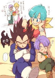 Rule 34 | ..., 2girls, 3boys, ^^^, ^ ^, annoyed, apron, basket, bikini (dragon ball), black hair, blonde hair, blue eyes, blue hair, blush, boots, bracelet, bulma, cat, closed eyes, couch, couple, crossed arms, crossed legs, dougi, dr. brief (dragon ball), dragon ball, dragonball z, dress, facial hair, family, father and daughter, father and son, flower, food, fruit, glasses, gloves, grin, hand in pocket, hand on own cheek, hand on own face, happy, heart, jewelry, kerchief, looking at another, mature female, mother and daughter, mother and son, multiple boys, multiple girls, mustache, panchy, pants, purple hair, sandals, short hair, simple background, sitting, sleeping, smile, spiked hair, spoken ellipsis, strawberry, sweatdrop, tama (dragon ball), thought bubble, tkgsize, translation request, trunks (dragon ball), vegeta, white background, widow&#039;s peak, zzz