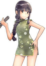 Rule 34 | 1girl, black eyes, black hair, blunt bangs, braid, china dress, chinese clothes, commentary request, contrapposto, cowboy shot, dress, folded fan, folding fan, green dress, hair over shoulder, hair ribbon, hand fan, hand on own hip, highres, kantai collection, kitakami (kancolle), long hair, masukuza j, ribbon, sidelocks, simple background, single braid, smile, solo, standing, tress ribbon, white background