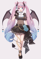 Rule 34 | 1girl, :d, absurdres, animal ear fluff, animal ears, black bow, black footwear, black gloves, black shirt, black skirt, blue eyes, blue flower, blue hair, blue rose, blush, bow, breasts, brown wings, chain, chibi, claw pose, commentary request, curled horns, demon girl, demon horns, demon tail, demon wings, ear piercing, earrings, fang, flower, frilled skirt, frills, full body, gloves, gradient hair, grey background, hand up, heart, heart earrings, heterochromia, highres, horns, iriam, jewelry, long hair, multicolored hair, official art, open mouth, piercing, pink hair, plaid, plaid skirt, pleated skirt, puffy short sleeves, puffy sleeves, red eyes, rose, sakuma miku, sapphire (sapphire25252), shirt, shoes, short sleeves, sidelocks, simple background, skirt, small breasts, smile, standing, stud earrings, tail, twintails, unmoving pattern, very long hair, virtual youtuber, wings