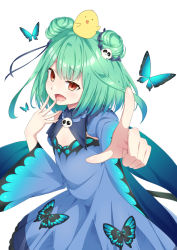 Rule 34 | 1girl, animal print, blue dress, blue ribbon, blue sleeves, blush, bug, butterfly, butterfly print, detached sleeves, double bun, dress, empty eyes, fang, flat chest, green hair, hair bun, hair ornament, hair ribbon, hand on own face, hanuma hanma, hololive, index finger raised, insect, looking at viewer, open mouth, pointing, pointing at viewer, red eyes, ribbon, short hair, simple background, skull hair ornament, smile, smirk, smug, solo, uruha rushia, uruha rushia (1st costume), virtual youtuber, white background, wide sleeves