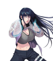 Rule 34 | 1girl, absurdres, bandana around neck, black hair, black pants, blood, blood on face, breasts, byakugan, cleavage, crop top, emnk5833, energy, fighting stance, fishnet top, fishnets, floating hair, highres, hyuuga hinata, injury, jacket, konohagakure symbol, large breasts, lips, long hair, looking at viewer, midriff, naruto, naruto (series), naruto shippuuden, navel, open clothes, open hands, open jacket, pants, parted lips, simple background, solo, stomach, v-shaped eyebrows, veins, white background, white eyes, white jacket