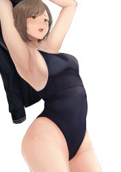 Rule 34 | 1girl, absurdres, akito (d30n26), armpits, arms up, blush, breasts, brown eyes, brown hair, competition school swimsuit, cowboy shot, highres, looking at viewer, medium breasts, mole, mole on arm, mole under mouth, one-piece swimsuit, open mouth, original, school swimsuit, sidelocks, simple background, solo, swimsuit, teeth, undressing, upper teeth only, white background