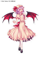 Rule 34 | 1girl, bad id, bad pixiv id, bat wings, dress, fang, female focus, hat, hat ribbon, irua, mary janes, open mouth, purple hair, red eyes, remilia scarlet, ribbon, sash, shoes, short hair, smile, solo, touhou, wings