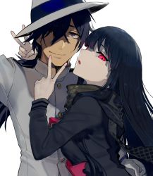 Rule 34 | 1boy, 1girl, black dress, black hair, brown eyes, commentary request, double v, dress, epaulettes, fate/grand order, fate (series), fedora, gloves, grin, hair over one eye, hat, jacket, long hair, long sleeves, looking at viewer, military, military uniform, nail polish, open mouth, oryou (fate), pink nails, red eyes, sakamoto ryouma (fate), scarf, smile, sweatdrop, uniform, v, walzrj, white gloves