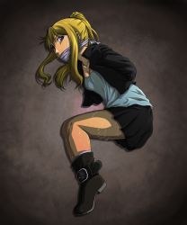 Rule 34 | 1girl, bdsm, belt, blonde hair, blue eyes, bondage, bound, breasts, cleavage, cloth gag, fullmetal alchemist, gag, gagged, highres, improvised gag, over the mouth gag, solo, sweat, thighs, very sweaty, winry rockbell