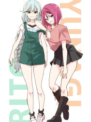 Rule 34 | &gt;:), 2girls, aqua hair, arms at sides, assault lily, black choker, black skirt, black socks, blue eyes, bob cut, boots, braid, braided ponytail, character name, choker, closed mouth, collarbone, commentary request, cross-laced footwear, elbow on another&#039;s shoulder, full body, green eyes, green overalls, grin, hair between eyes, heel up, high-waist skirt, high heel boots, high heels, highres, knee boots, lace-up boots, leaning on person, leaning to the side, leg up, long bangs, long hair, looking at viewer, low ponytail, miniskirt, miwada rito, multiple girls, overall shorts, overalls, parted lips, pink hair, pink shirt, platform footwear, shirt, shoes, short sleeves, single braid, skirt, smile, socks, standing, standing on one leg, strap slip, tsujimoto yuunagi, urutsu sahari, v-shaped eyebrows, very long hair, white background, white footwear, white shirt, wristband