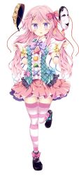 Rule 34 | 1girl, black footwear, blush, bow, bowtie, bright pupils, center frills, footwear bow, frills, full body, hair between eyes, hair bow, hair ornament, hands up, hata no kokoro, highres, holding, holding hair, long hair, looking at viewer, mask, maturiuta sorato, nail polish, open mouth, pink bow, pink hair, pink nails, pink skirt, pink thighhighs, plaid, plaid skirt, plaid vest, purple bow, purple bowtie, purple eyes, purple ribbon, red bow, ribbon, shirt, shoes, short sleeves, simple background, skirt, solo, standing, standing on one leg, striped bow, striped clothes, striped thighhighs, thighhighs, touhou, twintails, vest, white background, white shirt, wing collar, x hair ornament, zettai ryouiki