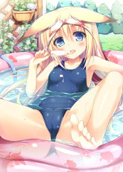 Rule 34 | 1girl, animal ears, animal print, barefoot, blonde hair, blue eyes, blush, bow, cameltoe, dripping, feet, fish print, food, fox ears, hair bow, long hair, lying, nozomi tsubame, on back, one-piece swimsuit, original, partially submerged, popsicle, saliva, saliva trail, school swimsuit, soles, solo, spread legs, suzuha (nozomi tsubame), swimsuit, toes, tongue, tongue out, transparent, wading pool, water, wet, wet clothes