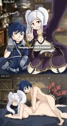 Rule 34 | 1boy, 1girl, 2koma, ass, barefoot, bed, blue eyes, blue hair, blush, breasts, brown eyes, chrom (fire emblem), chrom (fire emblem) (cosplay), comic, completely nude, cosplay, dodo-bot, english text, fake phone screenshot, fake screenshot, feet, fire emblem, fire emblem awakening, from behind, from side, heart, hetero, highres, huge ass, instant loss, intelligent systems, large breasts, mii (nintendo), mii swordfighter, nintendo, nipples, nude, prone bone, pussy juice, robin (female) (fire emblem), robin (fire emblem), selfie, sex, sex from behind, size difference, snapchat, super smash bros., sweat, thick thighs, thighs, toes, twintails, v, white hair, wide hips