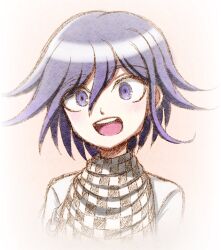 Rule 34 | 1boy, :d, checkered clothes, checkered scarf, cropped torso, danganronpa (series), danganronpa v3: killing harmony, flipped hair, gradient background, hair between eyes, happy, highres, male focus, oma kokichi, open mouth, pink eyes, pink hair, scarf, short hair, smile, solo, suiren yurei, teeth, upper teeth only