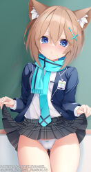 Rule 34 | 1girl, black skirt, blanc (neptunia), blazer, blue archive, blue eyes, blue jacket, blue necktie, blue scarf, blush, bow, bow panties, brown hair, chalkboard, clothes lift, commentary, cosplay, cross hair ornament, embarrassed, english commentary, frown, gabriel evangel, hair between eyes, hair ornament, hands up, highres, hip focus, id card, indoors, jacket, kemonomimi mode, lifted by self, medium hair, miniskirt, necktie, neptune (series), open clothes, open jacket, panties, plaid, plaid skirt, presenting, scarf, shiroko (blue archive), shiroko (blue archive) (cosplay), shirt, skirt, skirt lift, solo, sparkling eyes, thigh gap, thighs, underwear, white panties, white shirt