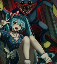 1girl absurdres aqua_hair black_choker black_eyes blue_dress choker commentary dress feet_out_of_frame hashtag-only_commentary hatsune_miku highres huggy_wuggy indoors long_hair looking_at_viewer mesmerizer_(vocaloid) monster nail_polish open_mouth pinstripe_dress pinstripe_hat pinstripe_pattern poppy_playtime puffy_short_sleeves puffy_sleeves red_nails sharp_teeth short_sleeves sitting smile suoniko teeth tongue tongue_out twintails v very_long_hair visor_cap vocaloid