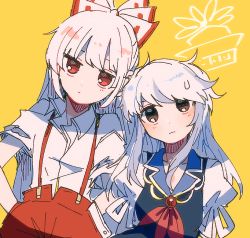 Rule 34 | 2girls, :|, blouse, blue hair, blunt bangs, bow, closed mouth, collared shirt, dot nose, expressionless, eyebrows hidden by hair, fujiwara no mokou, hair bow, half updo, hands in pockets, hatching (texture), head tilt, high-waist pants, itomugi-kun, kamishirasawa keine, light blue hair, light frown, linear hatching, long hair, looking at viewer, multicolored hair, multiple girls, neckerchief, no headwear, pants, puffy short sleeves, puffy sleeves, red eyes, red neckerchief, red pants, shirt, shirt tucked in, short sleeves, side-by-side, simple background, staring, straight-on, streaked hair, suspenders, sweat, torn clothes, torn sleeves, touhou, upper body, white bow, white hair, white shirt, wing collar, wrist cuffs, yellow background