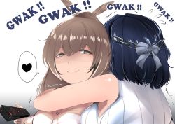 Rule 34 | 2girls, arms around neck, bow, breasts, brown eyes, chain, commentary, controller, evil smile, grey bow, hair between eyes, hair bow, heart, holding, holding remote control, hololive, hololive english, hug, huge breasts, long hair, medium hair, meow7tail, multiple girls, nanashi mumei, ouro kronii, remote control, shaded face, smile, spoken heart, trembling, upper body, virtual youtuber, white background