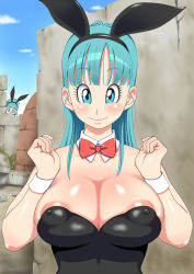 Rule 34 | 2girls, animal ears, aqua hair, areola slip, bare arms, bare shoulders, black leotard, blue eyes, blush, bow, bowtie, breasts, bulma, cleavage, clenched hand, clone, closed mouth, cloud, detached collar, dragon ball, fake animal ears, female focus, gender transformation, hands up, hiding, highres, large breasts, leotard, long hair, looking at another, looking at viewer, multiple girls, neck, nipples, oolong, outdoors, playboy bunny, rabbit ears, red bow, red neckwear, sky, smile, standing, strapless, strapless leotard, upper body, wrist cuffs