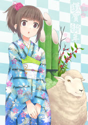 Rule 34 | 10s, 1girl, 2015, animal, bamboo, brown eyes, brown hair, checkered background, chestnut mouth, chinese zodiac, floral print, flower, hair flower, hair ornament, highres, japanese clothes, kadomatsu, kimono, new year, obi, okiru, original, own hands together, ponytail, sash, sheep, standing, v arms, year of the goat