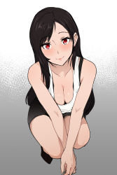 Rule 34 | 1girl, absurdres, bare shoulders, black hair, black skirt, blush, breasts, cleavage, collarbone, final fantasy, final fantasy vii, highres, large breasts, long hair, looking at viewer, red eyes, shirt, skirt, smile, sports bra, squatting, swept bangs, tank top, taut clothes, taut shirt, thighs, tifa lockhart, valtor, white tank top
