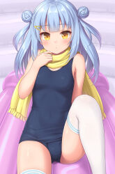 Rule 34 | aqua hair, bare arms, blush, breasts, cowboy shot, dango (sasaame), dot mouth, double bun, hair bun, hair ornament, hairclip, highres, inflatable raft, looking at viewer, old school swimsuit, one-piece swimsuit, original, sasaame, scarf, school swimsuit, sitting, small breasts, swimsuit, thighhighs, white thighhighs, yellow eyes, yellow scarf