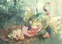 Rule 34 | 3others, ajpp6, animal, berry, bush, commentary request, grass, green fur, leaf, long tongue, monster, monster hunter (series), multicolored tail, multiple others, nest, open mouth, pukei-pukei, slit pupils, tail, talons, tongue, tongue out, tree, wings