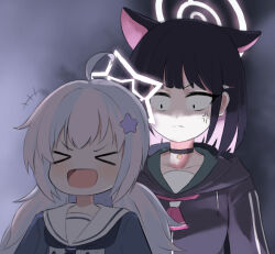 Rule 34 | &gt; &lt;, 2girls, :d, ahoge, anger vein, animal ears, backlighting, behind another, black choker, black hair, blue archive, cat ears, cat girl, choker, closed eyes, closed mouth, halo, kazusa (blue archive), looking at another, meme, multiple girls, open mouth, reisa (blue archive), sailor collar, smile, undertaker standing behind aj styles (meme), v-shaped eyebrows, white hair, wwe, xd, ziz (pandora707)