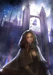Rule 34 | 1girl, absurdres, bell, bird, blonde hair, blue eyes, blush, brown eyes, cape, cleavage cutout, clothing cutout, cross, highres, hood, lips, long hair, moon, night, original, orry, outdoors, realistic, sky, smile, solo, star (sky), starry sky, tower