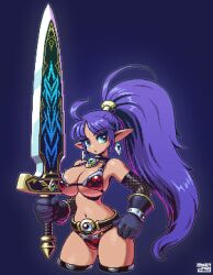Rule 34 | 1girl, ahoge, bikini, breasts, cleavage, earrings, elbow gloves, gloves, hand on own hip, high ponytail, highres, holding, holding sword, holding weapon, huge weapon, jewelry, large breasts, long hair, mabius, navel, original, pixel art, pointy ears, purple background, purple hair, red bikini, simple background, solo, swimsuit, sword, thighhighs, very long hair, weapon