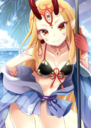 Rule 34 | 1girl, bare shoulders, bikini, black bikini, blonde hair, blue kimono, blue sky, brown eyes, closed mouth, cloud, collarbone, commentary request, day, facial mark, fate/grand order, fate (series), flower knot, forehead mark, front-tie bikini top, front-tie top, hand on own hip, hand up, head tilt, horizon, horns, ibaraki douji (fate), ibaraki douji (fate/grand order), ibaraki douji (swimsuit lancer) (fate), ibaraki douji (swimsuit lancer) (first ascension) (fate), japanese clothes, kimono, leaning forward, long hair, long sleeves, maccha, ocean, off shoulder, oni, oni horns, outdoors, pointy ears, short kimono, sky, smile, solo, sparkle, swimsuit, very long hair, water, wide sleeves