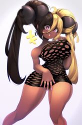 Rule 34 | 1girl, ahoge, aife (zana), bikini tan, black dress, black horns, blonde hair, borrowed character, breasts, brown hair, clothing cutout, covered erect nipples, covering privates, covering crotch, curled horns, dark nipples, dress, goat horns, gyaru, hair on horn, highres, horns, huge breasts, jewelry, long hair, looking at viewer, microdress, multicolored hair, multiple rings, nail polish, nipple slip, nipples, no bra, no panties, original, piercing, pink eyes, pink nails, ring, sheepus, shortstack, solo, split-color hair, strapless, strapless dress, tan, tanline, thick thighs, thighs, thumb ring, tongue, tongue piercing, twintails, two-tone hair, very long hair, white background, wide-eyed