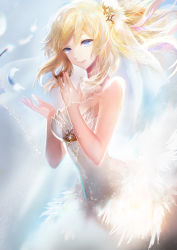 Rule 34 | 10s, 1girl, ayase eli, bare shoulders, blonde hair, blue eyes, detached collar, feathers, highres, juexing (moemoe3345), looking at viewer, love live!, love live! school idol festival, love live! school idol project, ponytail, smile, solo, veil
