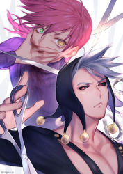 Rule 34 | 2boys, 723 (tobi), black sclera, blood, blood on hands, closed mouth, colored sclera, green eyes, grey hair, heterochromia, highres, jojo no kimyou na bouken, looking at viewer, multiple boys, pink hair, red eyes, risotto nero, scissors, simple background, vento aureo, vinegar doppio, white background, yellow eyes