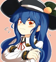 Rule 34 | 1girl, black headwear, blouse, blue hair, closed mouth, collared shirt, commentary request, crossed arms, food, food on head, fruit, fruit on head, furrowed brow, hair between eyes, hand on own arm, hat, hinanawi tenshi, leaf, leaf on head, long hair, long sleeves, looking at viewer, nervous, object on head, orange background, outline, peach, red eyes, red neckwear, red ribbon, ribbon, shirt, sidelocks, simple background, smile, smug, sweatdrop, touhou, uisu (noguchipint), upper body, v-shaped eyebrows, wavy mouth, white shirt, wing collar