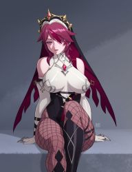 Rule 34 | 1girl, absurdres, bare shoulders, black footwear, breasts, claws, covered erect nipples, elbow gloves, fishnet pantyhose, fishnets, genshin impact, gloves, habit, hair over one eye, highres, large breasts, long hair, looking at viewer, nun, pantyhose, red eyes, red hair, riz, rosaria (genshin impact), sitting, solo, white gloves
