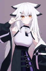 Rule 34 | 1girl, absurdres, arknights, bare shoulders, beudelb, black coat, black skirt, coat, commentary request, cowboy shot, grey shirt, hand up, highres, long hair, looking at viewer, official alternate costume, open clothes, open coat, orange eyes, pointy hair, ptilopsis (arknights), purple background, shirt, simple background, skirt, sleeveless, sleeveless shirt, solo, standing, v, very long hair, white hair